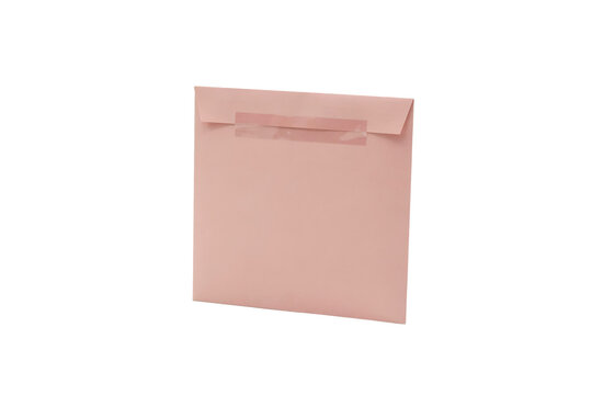 A square pink paper envelope with a sealed flap and adhesive strip isolated on a transparent background