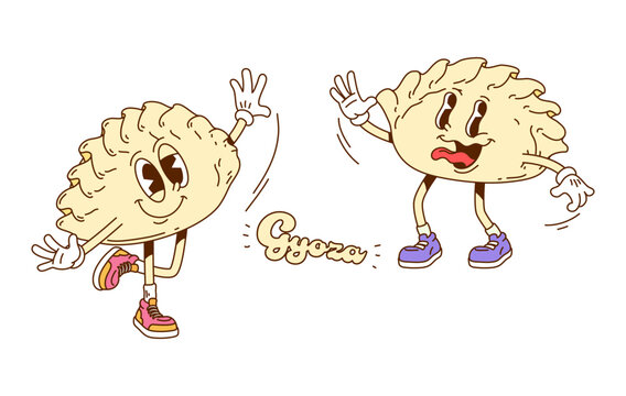 Retro groovy Gyoza characters with expressive faces. Playful waving dumpling mascots with cartoon eyes, white gloves, and colorful sneakers. Cartoon Asian Gyoza characters for t shirt prints