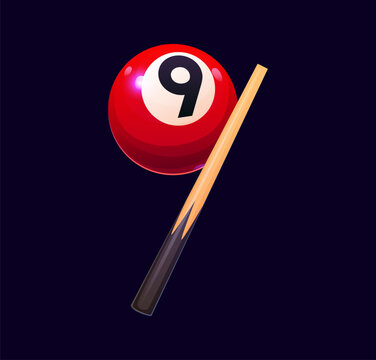Cartoon casino font number 9 designed as glossy red billiard ball crossed by wooden pool cue. English poker type alphabet piece for gambling apps, slot game design and casino signage