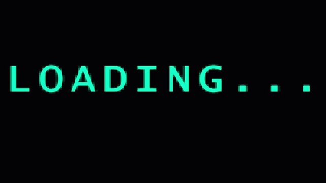 Digital loading animation with green neon text on black background during data processing