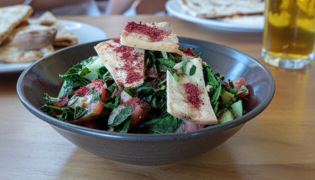 Fresh Middle Eastern Fattoush Salad with Crispy Pita Bread and Sumac Seasoning