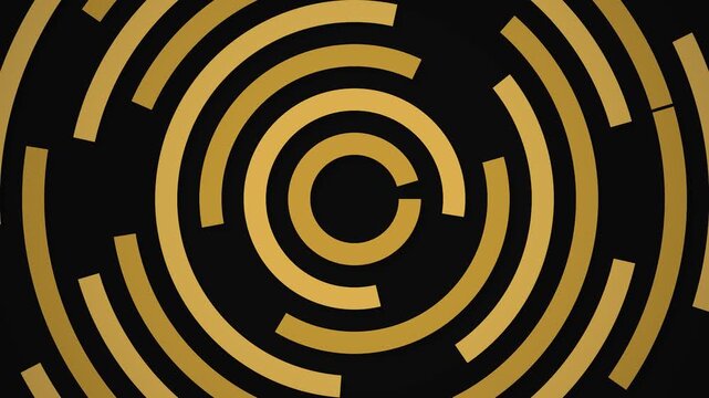 Golden concentric circles pattern animating on black background with copy space for advertising