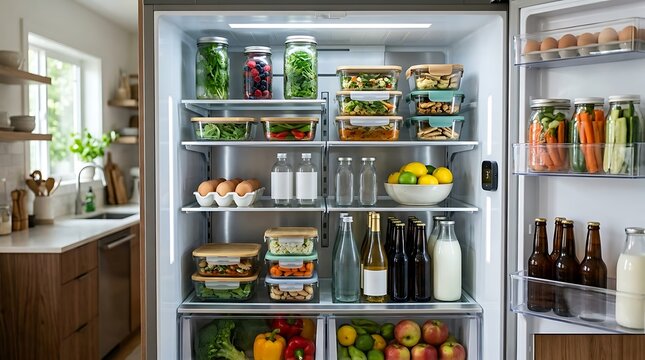 An open double-door refrigerator is filled with organized glass containers, fresh produce, bottled drinks, and eggs, set in a modern kitchen with wooden cabinets and white countertops.