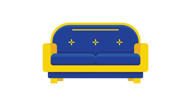 Modern two seat sofa featuring vibrant blue upholstery and bright yellow wooden frame with decorative tufted buttons in flat style