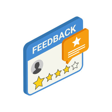 Isometric 3D feedback rating card with stars and chat bubble