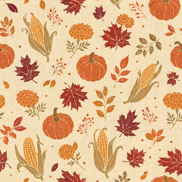 Autumn Harvest Seamless Pattern with Pumpkins, Corn, Marigold Flowers and Maple Leaves