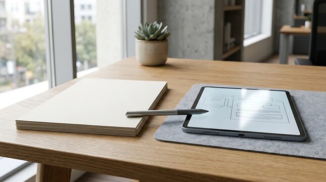 A clean wooden desk in a bright office space holds a digital tablet displaying a wireframe sketch alongside a stylus pen, a stack of paper sheets, and a small potted succulent near a window.