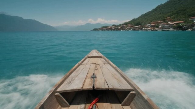 Wooden boat bow cruising through guatemala lake atitlan water