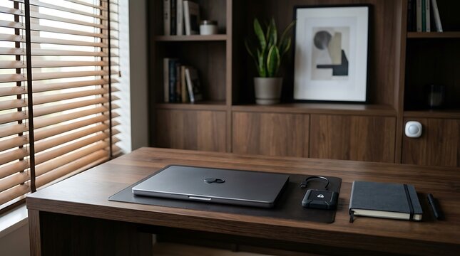 A sleek wooden desk features a closed laptop, a digital tablet, a notebook with a pen, and a small motion sensor mounted on dark wooden shelving, set next to a window with wooden blinds.