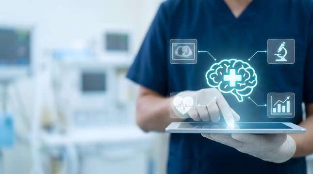 Medical professional using a tablet with a holographic brain interface for advanced healthcare diagnostics and digital patient data analysis