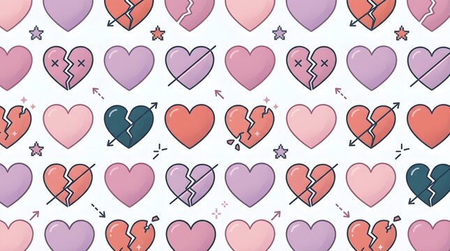 Cute pastel seamless pattern background with broken hearts and cupid arrows for valentine design