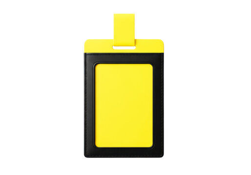 A vertical black and yellow badge holder with a clear window is designed for identification cards and access passes.