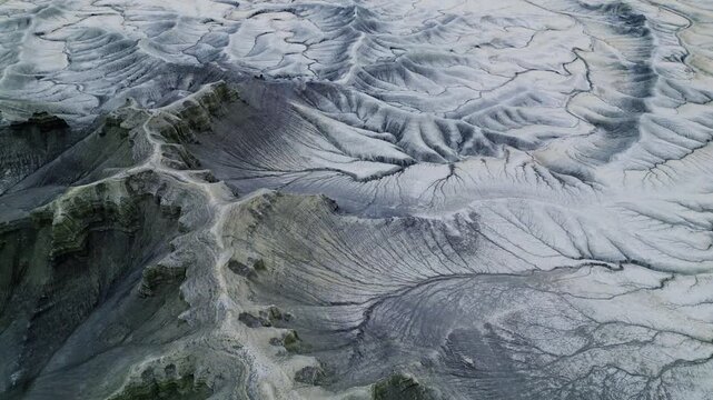 Aerial footage of moonspace overlook texture in Utah, geological formation 