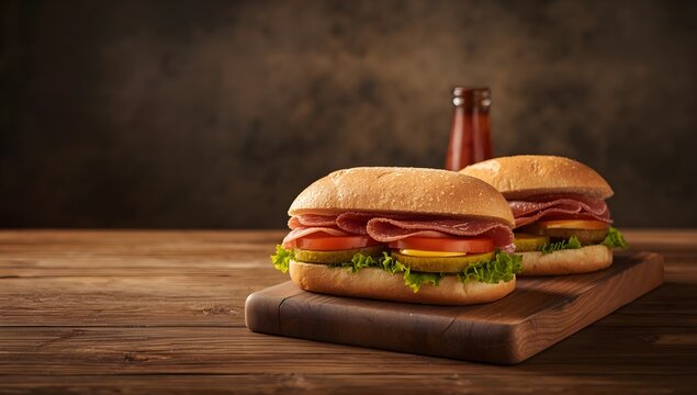 Rustic Wooden Table Setup with Fresh Deli Sub Sandwiches and Sauce Bottle