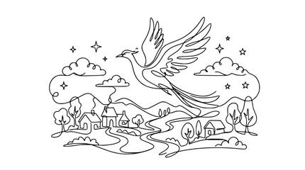 Naklejka premium One Line Drawing of a Bird Flying Over Village Landscape with Stars and Clouds