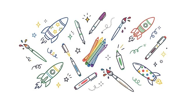 Colorful hand drawn doodle set of space rockets and art supplies with colored pencils