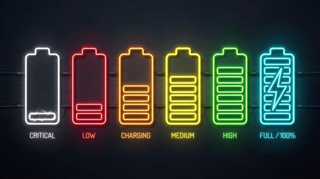 Neon battery level indicators from critical low to full charge with power indicator