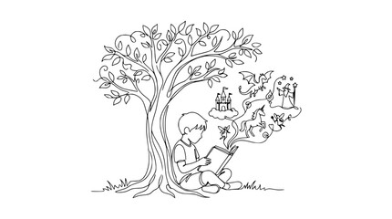 Fototapeta premium Boy reading book under tree, imaginative fantasy world unfolds, isolated