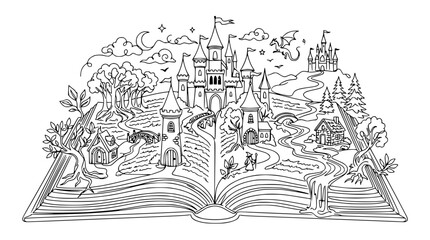 Fototapeta premium Fantasy Storybook Castle Landscape Illustration, Open Book, Dragon, Isolated