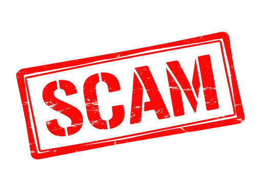 A red distressed rubber stamp with the word SCAM boldly printed diagonally on a transparent background, symbolizing fraud.