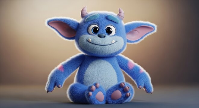 Cute Blue Cartoon Monster Sitting with Big Smile.