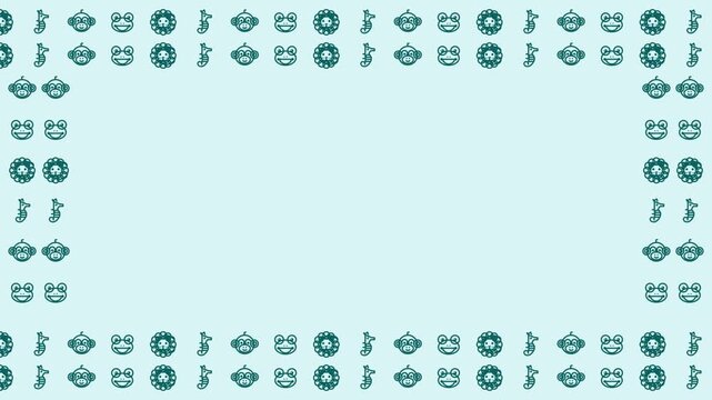 Animated animal icon border on light blue background. 4K Video