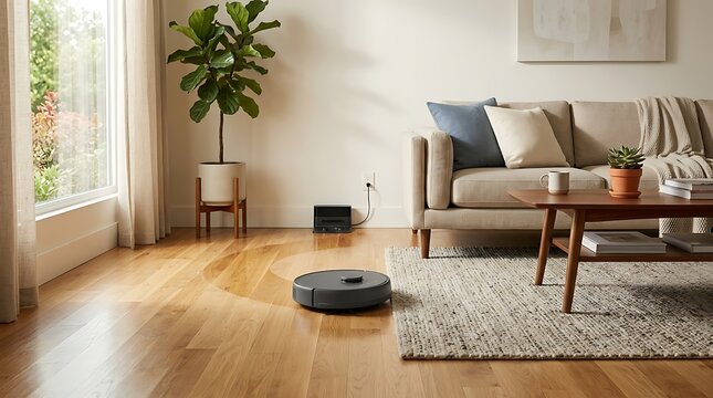 A dark gray robot vacuum cleaner cleans a light hardwood floor in a modern living room featuring a beige sofa, a coffee table, a potted fiddle-leaf fig plant, and a large window with sheer drapes.