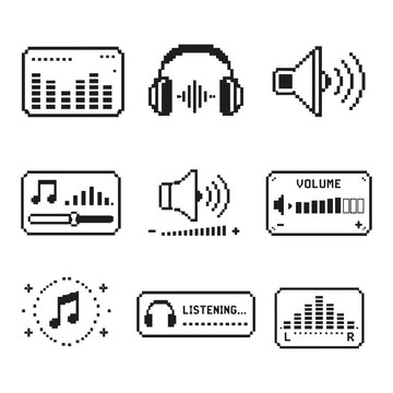Pixel effect music and audio icon set with headphones, speaker, equalizer and volume control symbols
