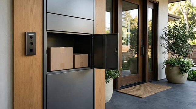 Modern parcel drop box mounted next to a front door with an open compartment showing cardboard packages delivered safely outside a house entrance with potted plants, doormat, and wooden wall.