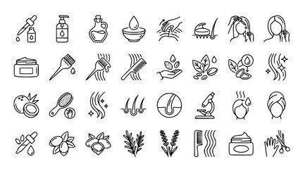 Obraz premium Hair Care Outline Icons Set for Hair Treatment, Beauty Products, Natural Ingredients, Scalp, and Dermatology. Line Art Vector.