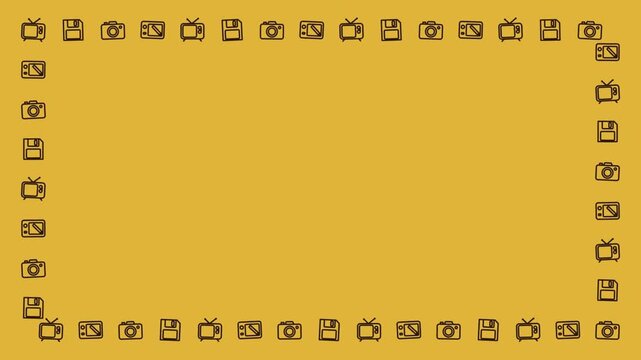 Hand drawn retro icons frame loop on yellow background. 4K Video