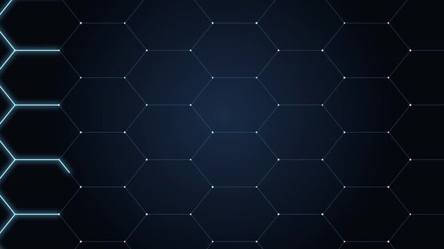 3D animation of glowing blue graphene lattice structure moving in dark space, scientific research, material science