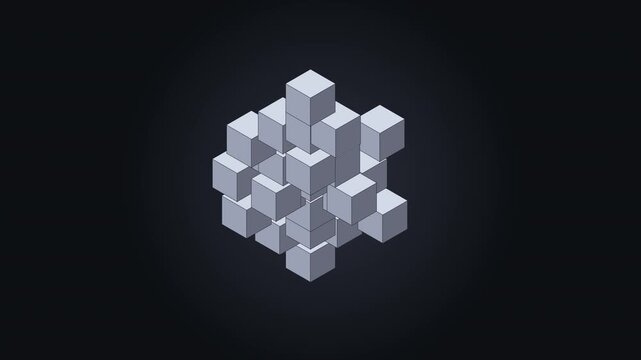 3d animation abstract cube structure falling apart and dispersing into individual blocks, futuristic motion graphic