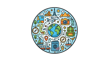 Naklejka premium Explore the travel world through a vacation adventure tourism concept featuring an airplane and landmarks in a colorful circular illustration.