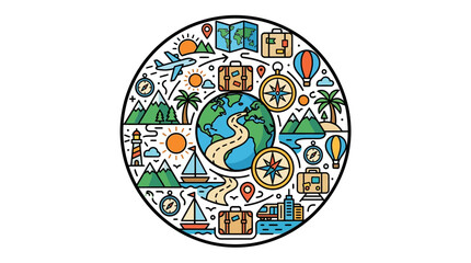 Naklejka premium Global travel concept with a central globe and adventure icons including luggage and compass for vacation planning and tourism.