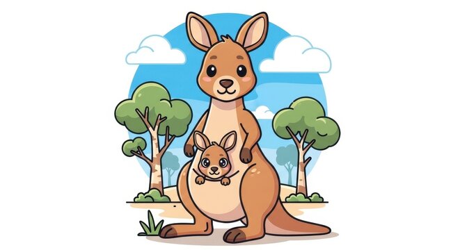 Cute Cartoon Kangaroo with Joey in Nature Scene.