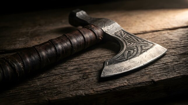 Handcrafted Tactical Tomahawk Axe on Weathered Oak Surface