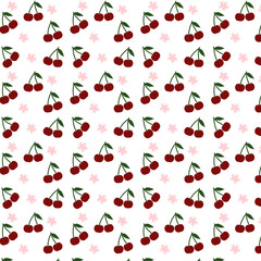 Seamless pattern with cute red cherries and pink blossoms © Moonaria