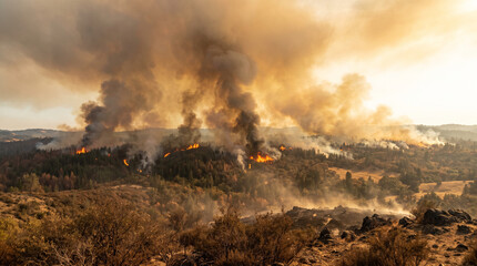 Fototapeta premium Massive wildfire spreading across a dry forest landscape