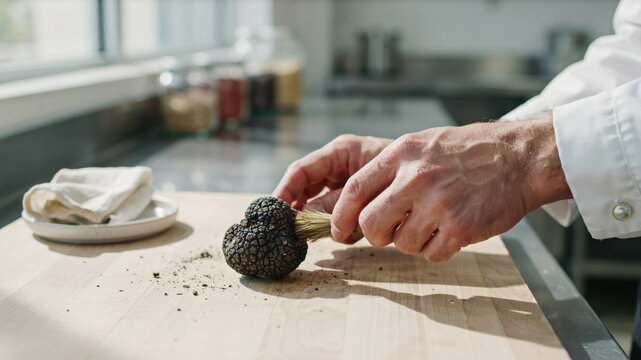Chef cleaning black truffle with brush on wooden cutting board in kitchen