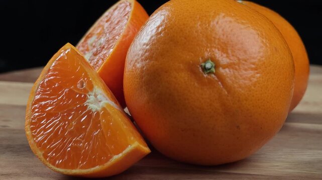 Fresh whole orange fruit with juicy sliced wedge isolated on black background