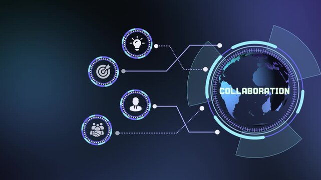Global team collaboration and networking concept vector illustration with digital technology icon interface and interconnected network.