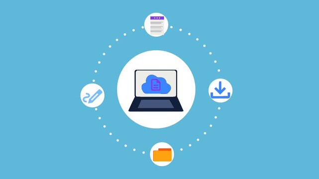 Cloud Document Management and File Sync Laptop Motion Graphic