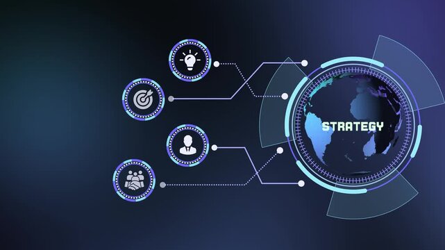 Corporate business strategy and planning concept vector illustration displaying global network connections and digital technology icons.