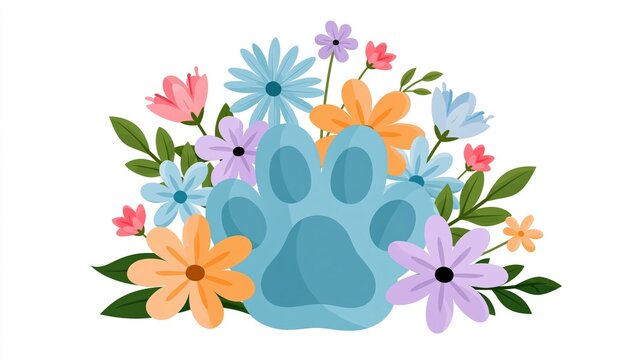 Floral arrangement featuring a paw print and colorful blossoms.
