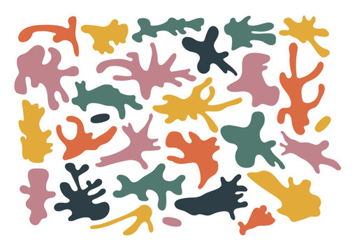 Set of organic amoeba shapes and irregular abstract fluid blobs vector. Retro boho graphics design elements.