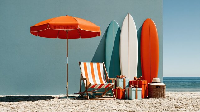 Beachside scene features surfboards, gifts, and leisure equipment against a coastal backdrop.