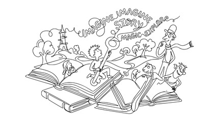 Fototapeta premium Open Books Transform into Fantasy World with Children, Animals, and Magic