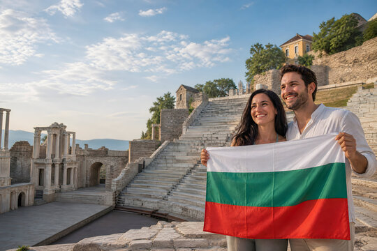 Bulgaria historic travel bulgarian flag waving plovdiv amphitheater