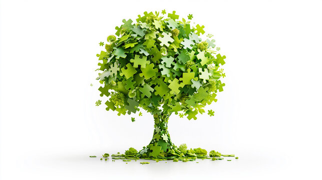 A tree composed of green puzzle pieces, symbolizing growth, nature, and interconnectedness on a white background.